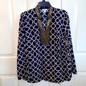 Chater Club Geometric Navy and Bronze Tunic